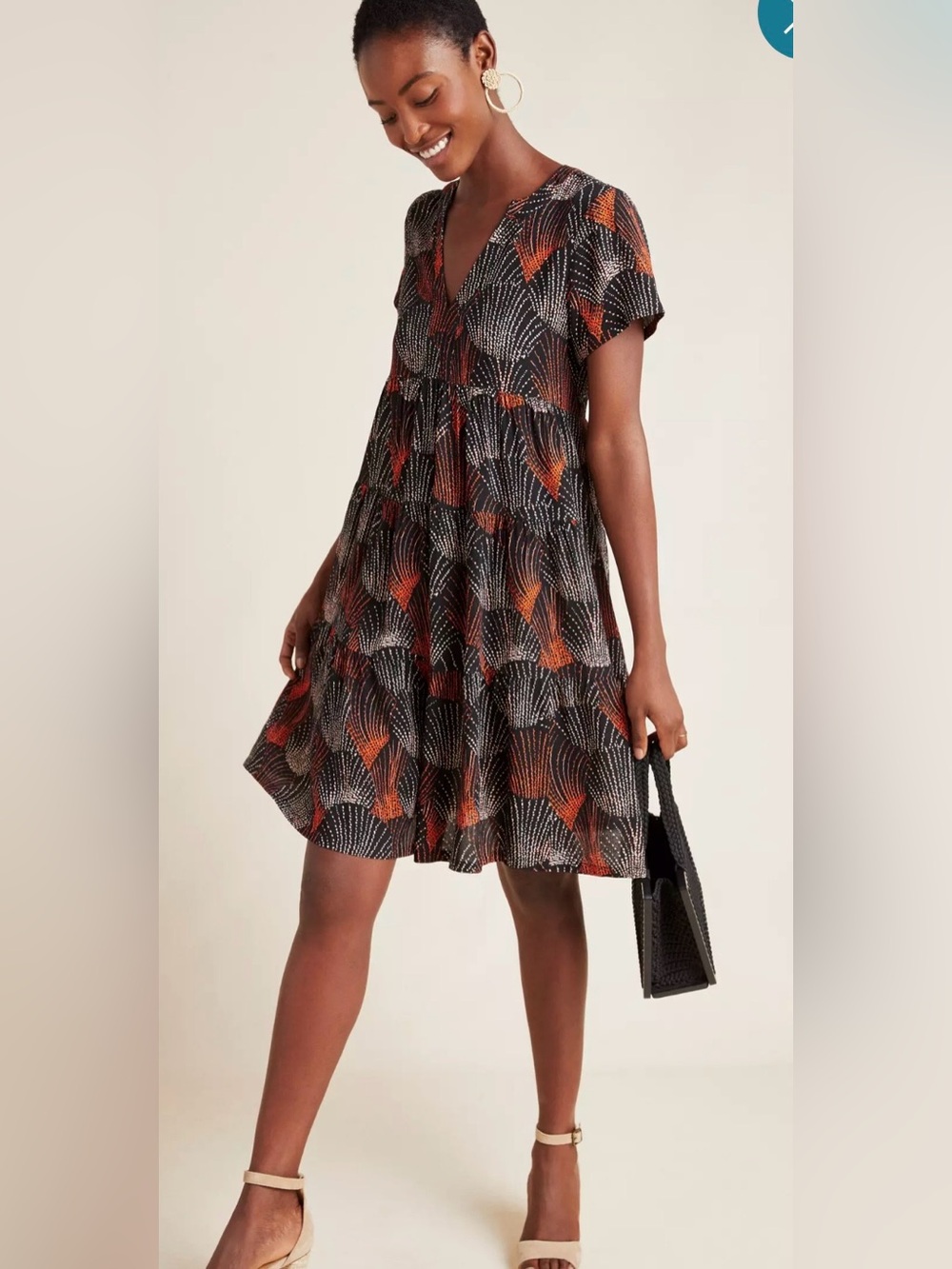 Maeve Anthropologie tiered mini dress size S black orange boho cottagecore